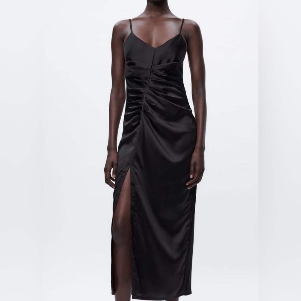 Zara Black Ruched Slip Midi Dress Women’s Size S